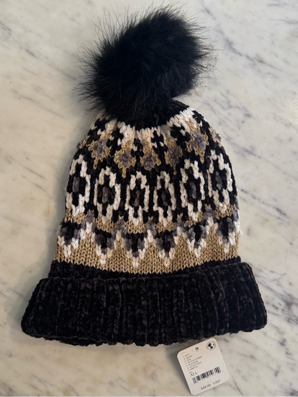 NWT Free People Chalet Fairisle Pom Beanie in Black & Metallic Gold - OS